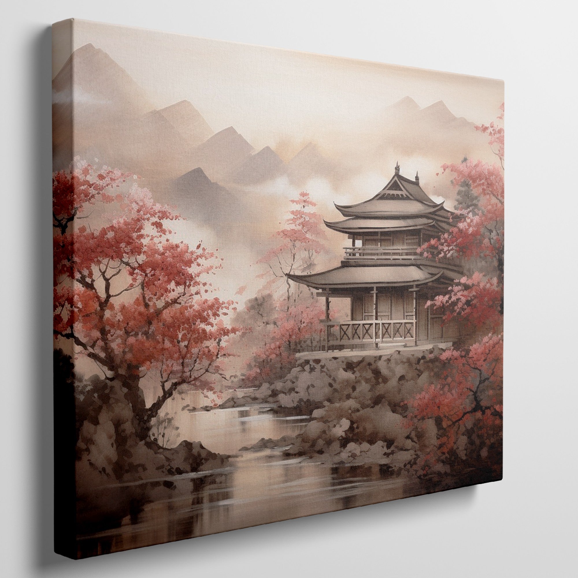 Framed canvas print of Oriental Asian Pagoda scene with Cherry Blossoms and misty mountain backdrop