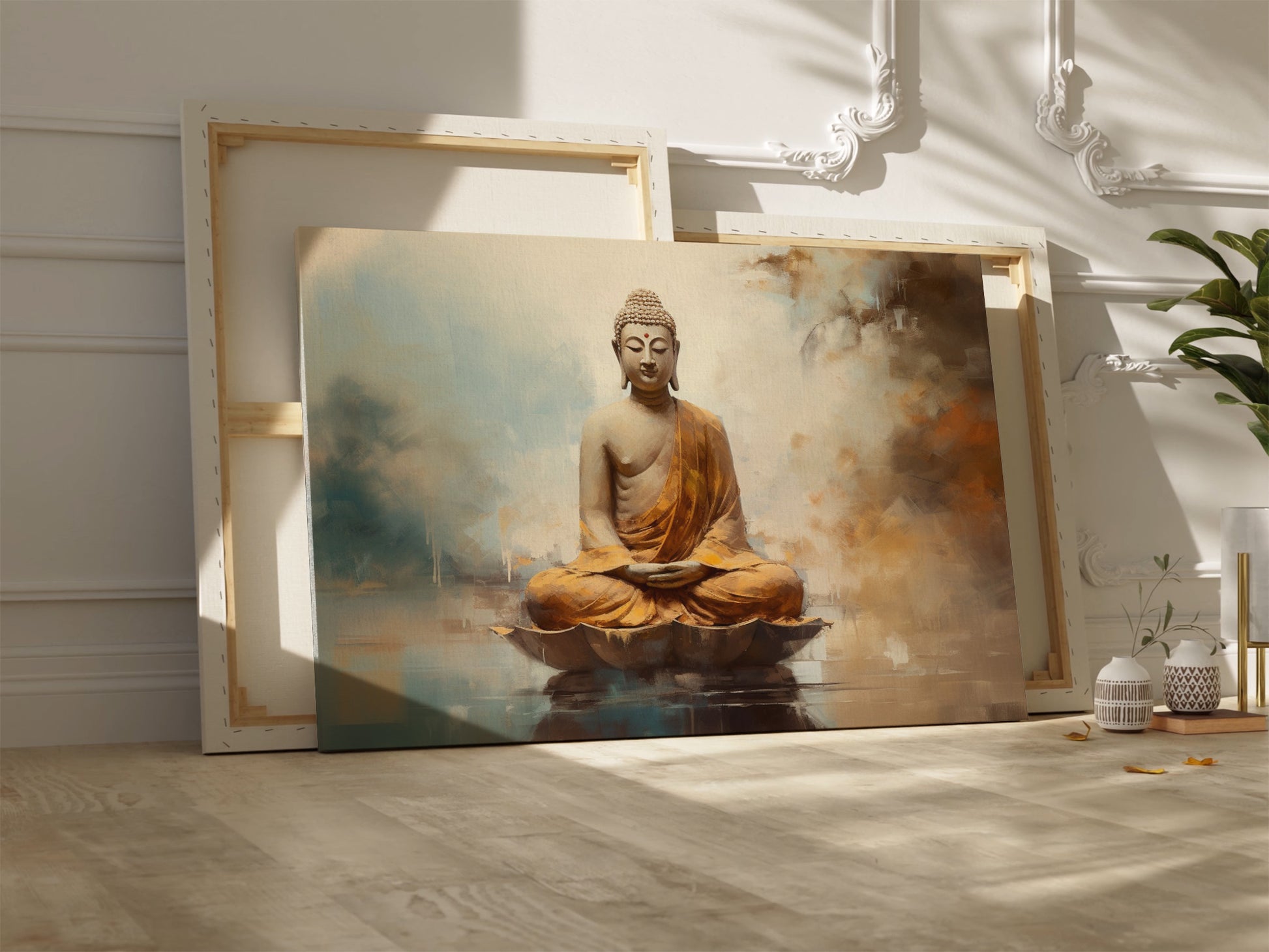 Framed canvas print of a serene Buddha in meditation with earthy tones