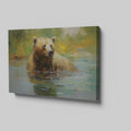 Framed canvas print of an impressionistic painting of a brown bear in a tranquil river setting with lush greenery