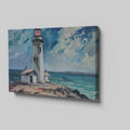 Framed canvas print of lighthouse on coastal rocks with dynamic sea and sky