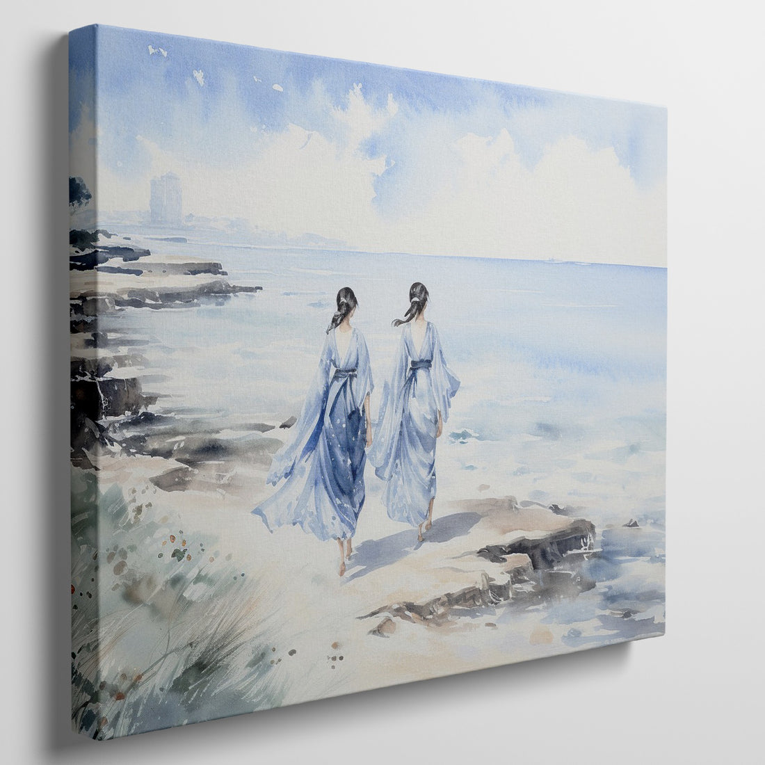 Watercolor painting of two figures in blue dresses walking along a sandy beach with the ocean in the background