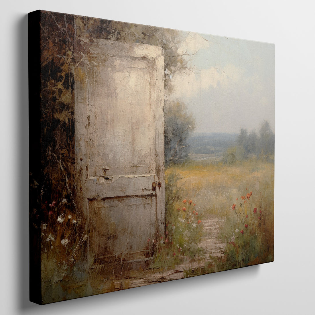 Framed canvas print of rustic door in a field with wildflowers in an impressionist style