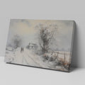 Framed canvas print of a snowy countryside scene with walking figures and a rustic cottage