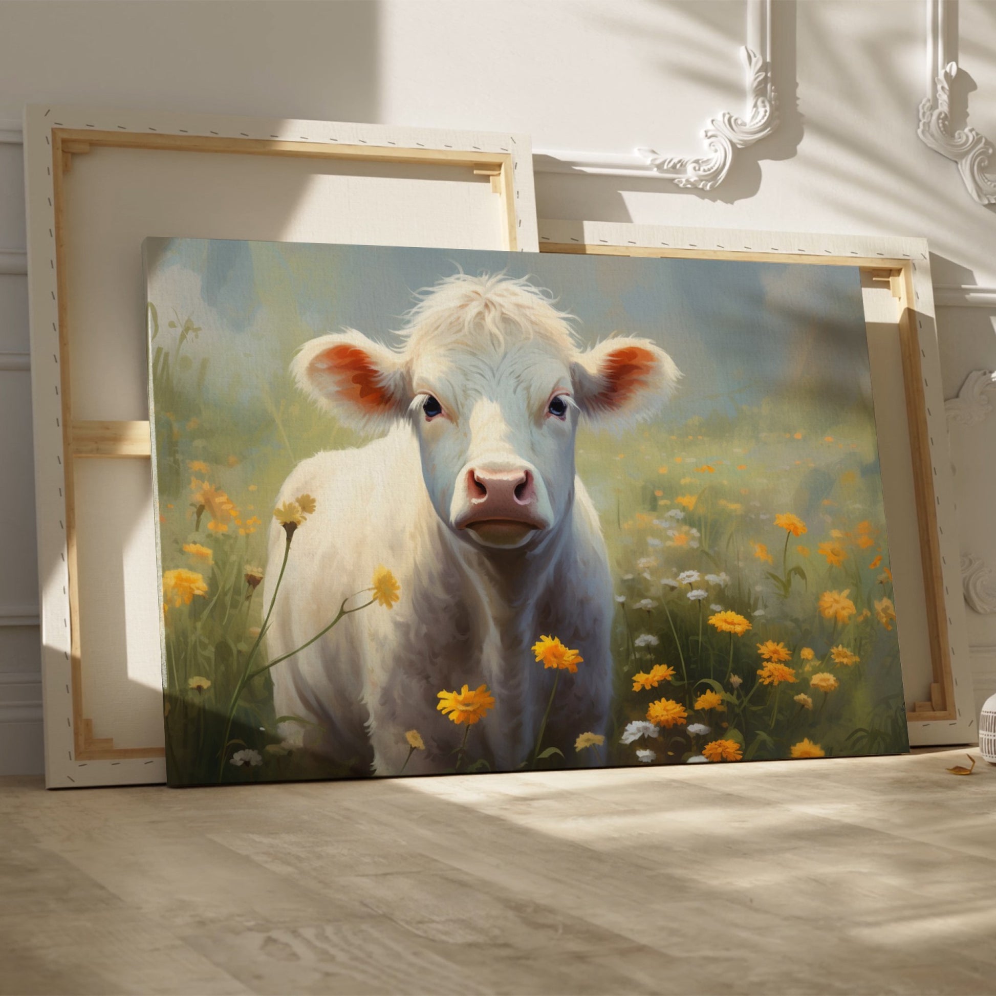 Framed canvas print of a serene cow surrounded by a vibrant wildflower meadow