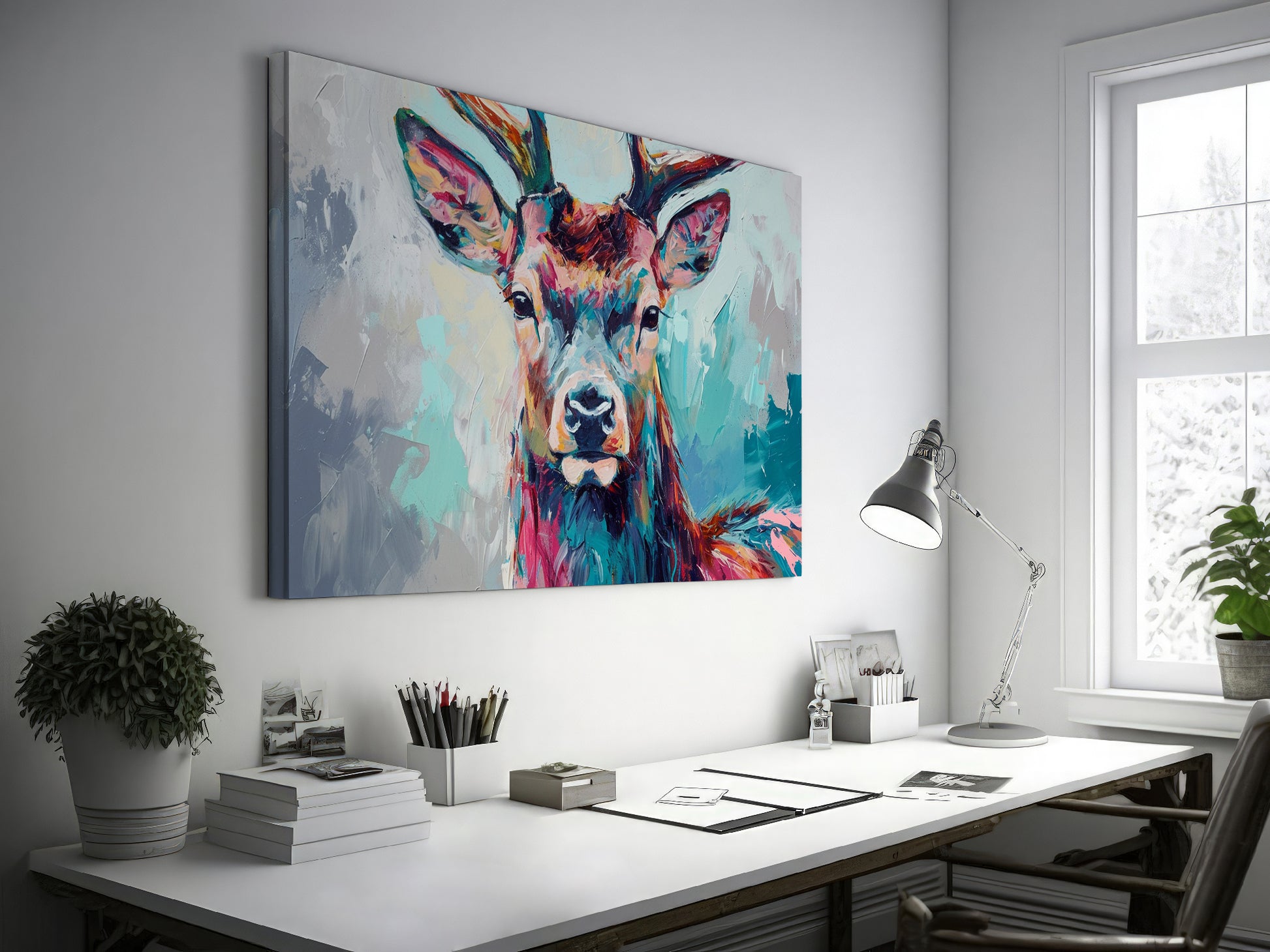 Framed canvas print of a colourful abstract stag with vivid brushstrokes