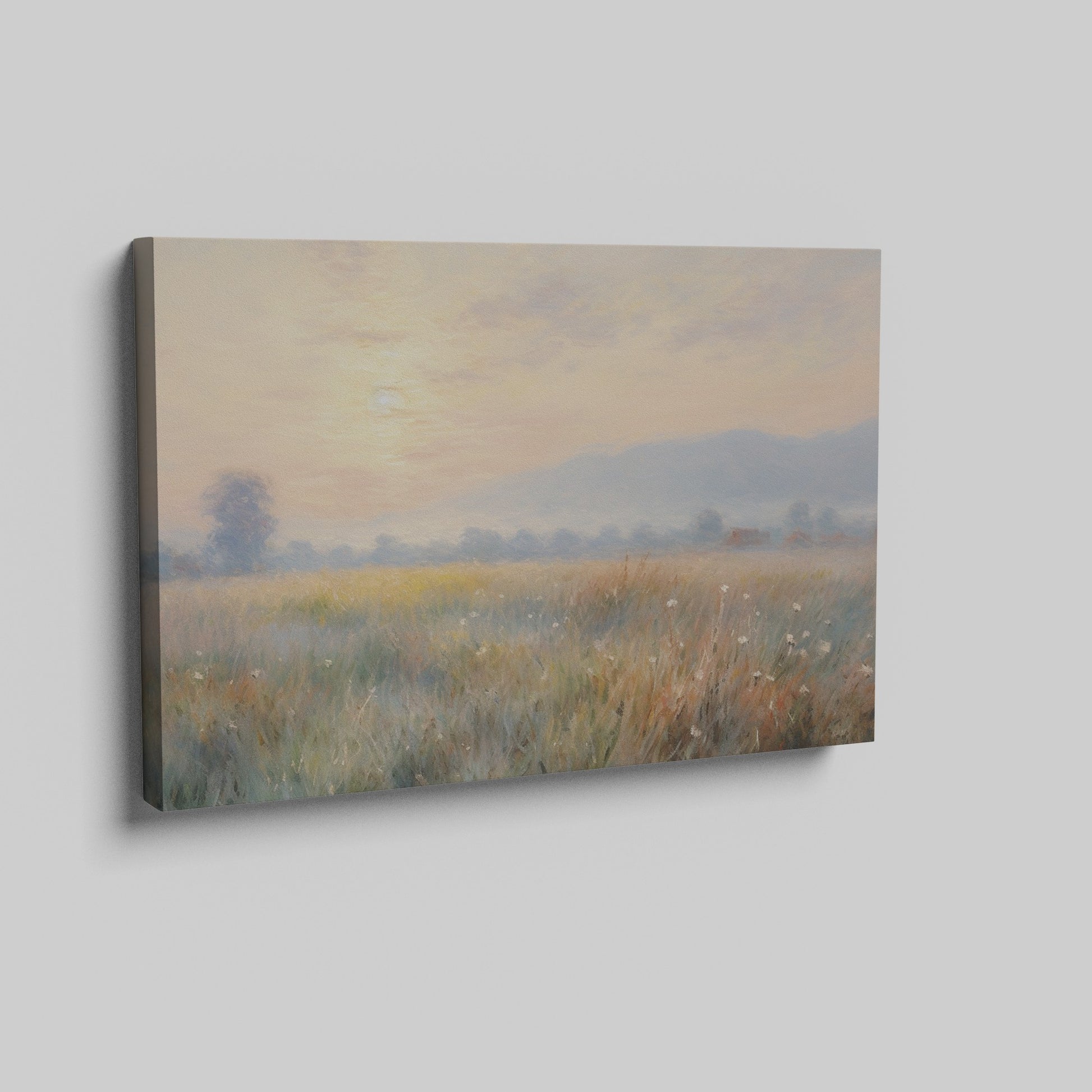 Framed canvas print of an impressionist painting with a sunrise over a tranquil countryside landscape