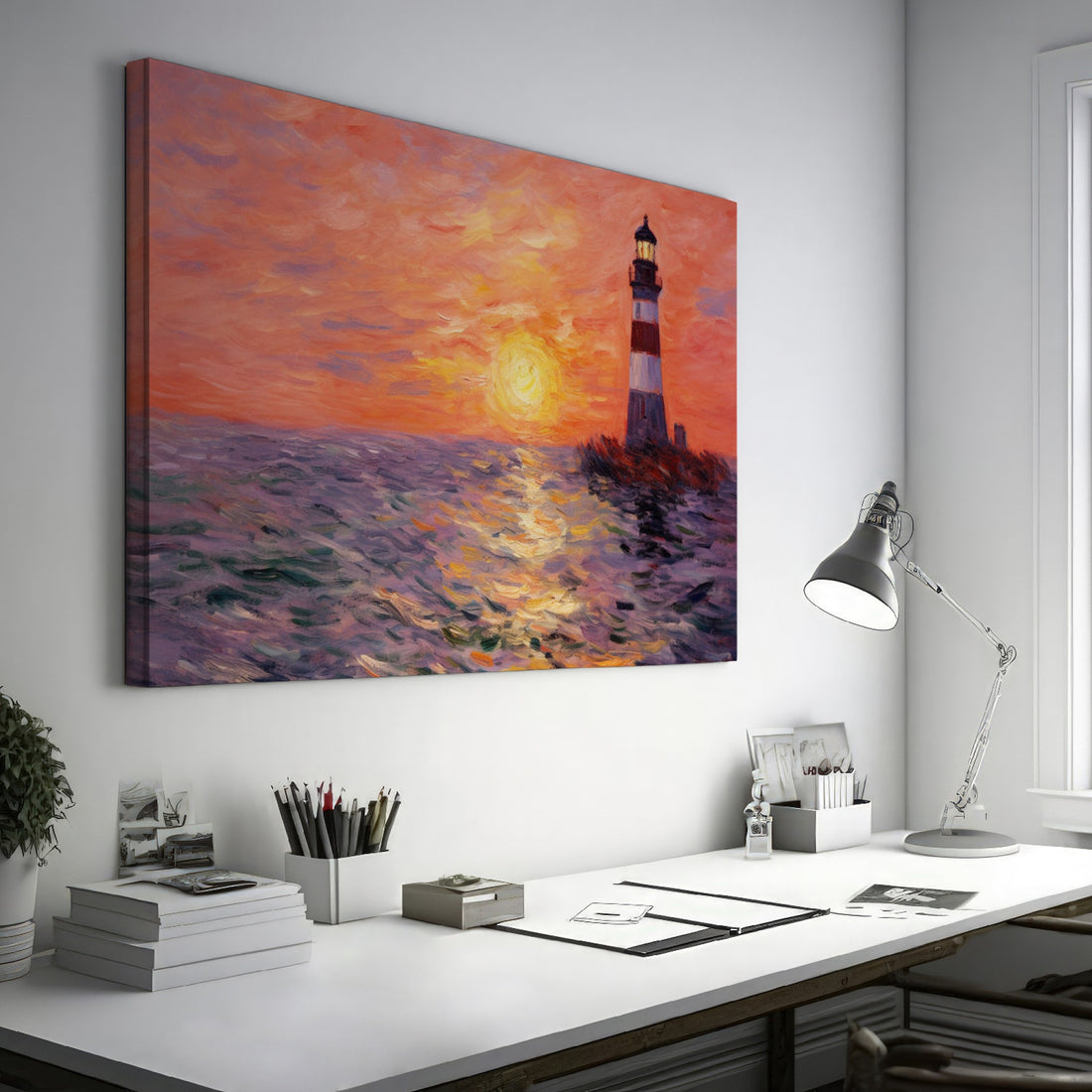 Impressionist painting of a lighthouse at sunset with vivid orange sky and sea