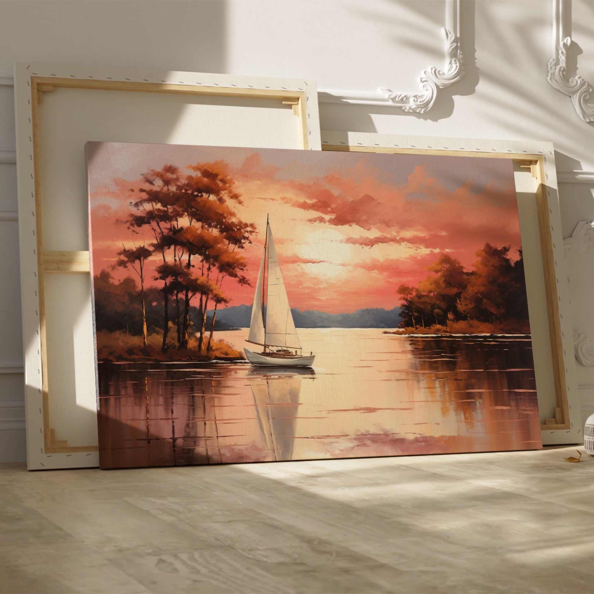 Impressionistic painting of a sailboat on a calm lake with orange and red sunset and tree silhouette reflections.