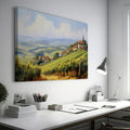 Framed canvas print of a sunny Tuscan landscape with vineyards and rustic houses