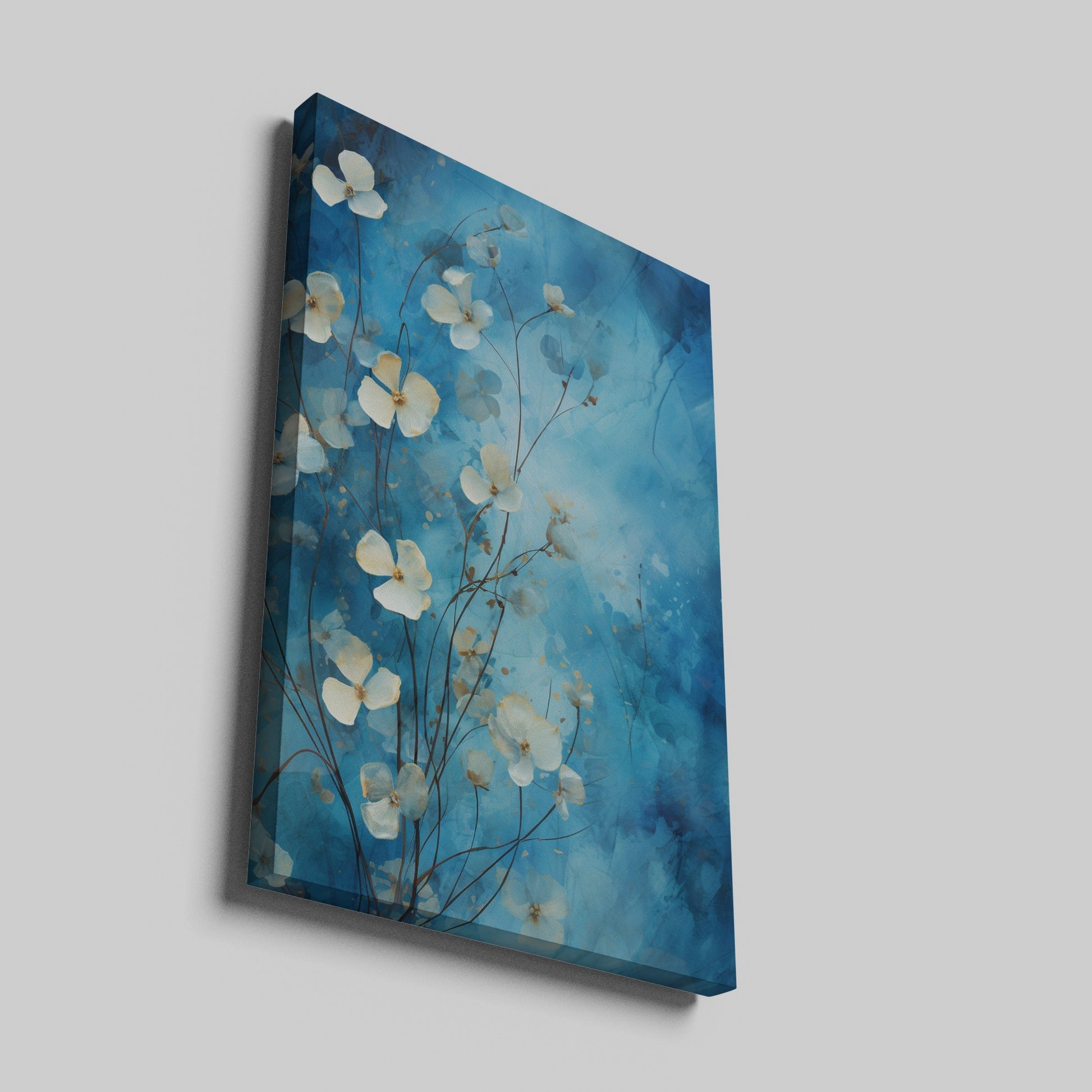 Framed canvas print of abstract blue flowers on a watercolour background