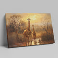 Framed canvas print of a family of giraffes in the savannah during sunset with warm tones