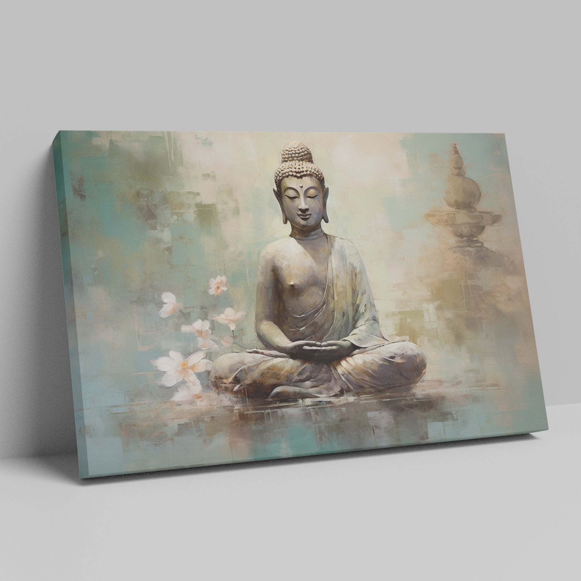 Framed canvas print of serene Buddha in meditation with pastel colours and cherry blossoms