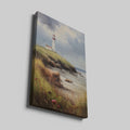 Framed canvas print of an Impressionist painting depicting a lighthouse on a seaside cliff with vivid wildflowers