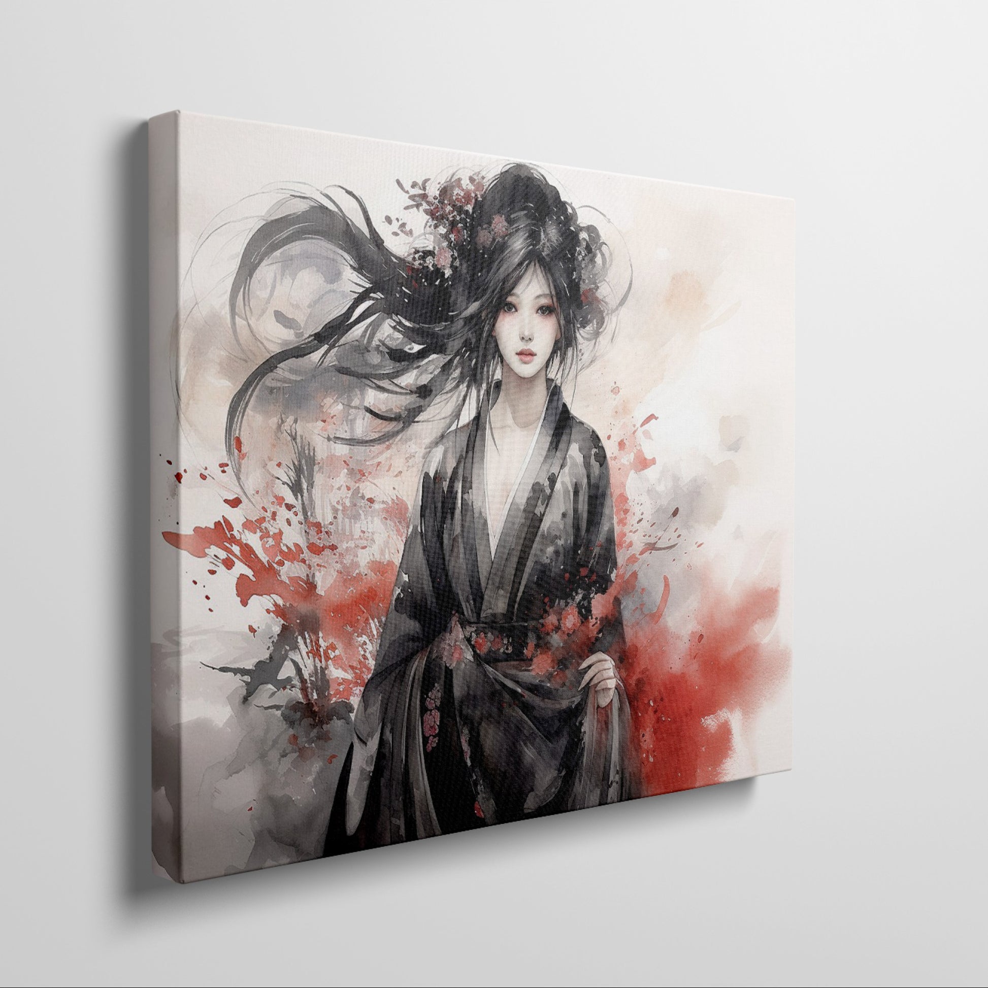 Framed canvas print of an ethereal geisha in ink and watercolour with red splashes