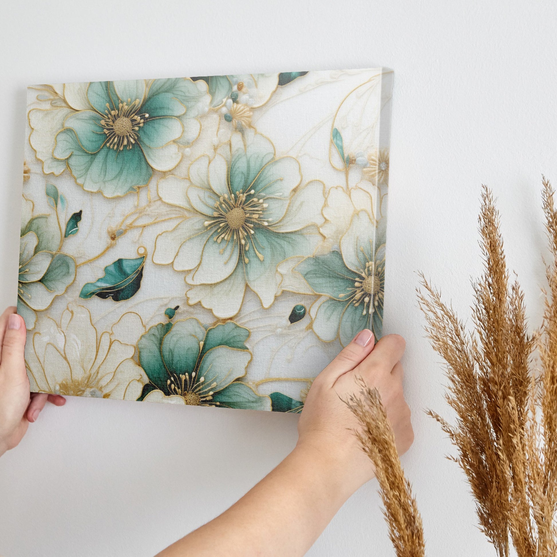 Framed canvas print of abstract turquoise and ivory flowers with gold trim