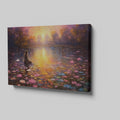 Framed canvas print of tranquil sunset over a lake with a thoughtful woman and colourful water lilies