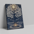 Framed canvas print of a mystical tree with a golden moon and navy background