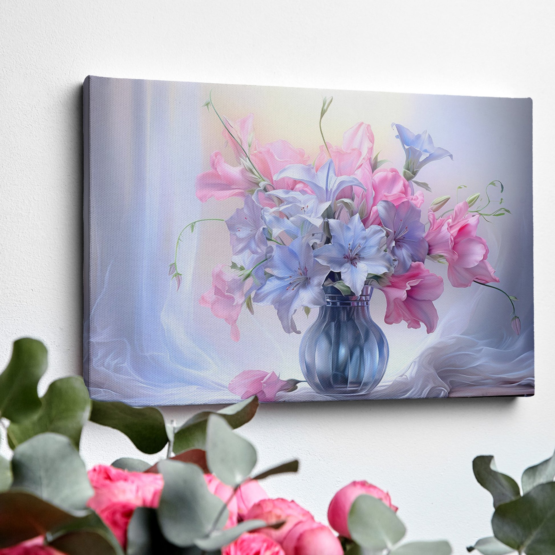 Framed canvas print of a realistic floral still life with pastel pink and blue flowers in a vase