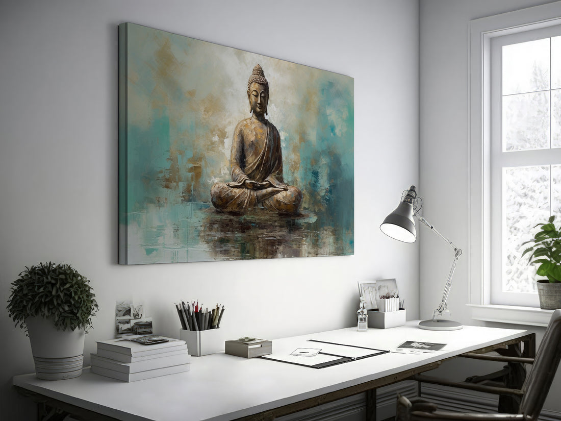 Framed canvas print of tranquil Buddha with abstract blue and beige background