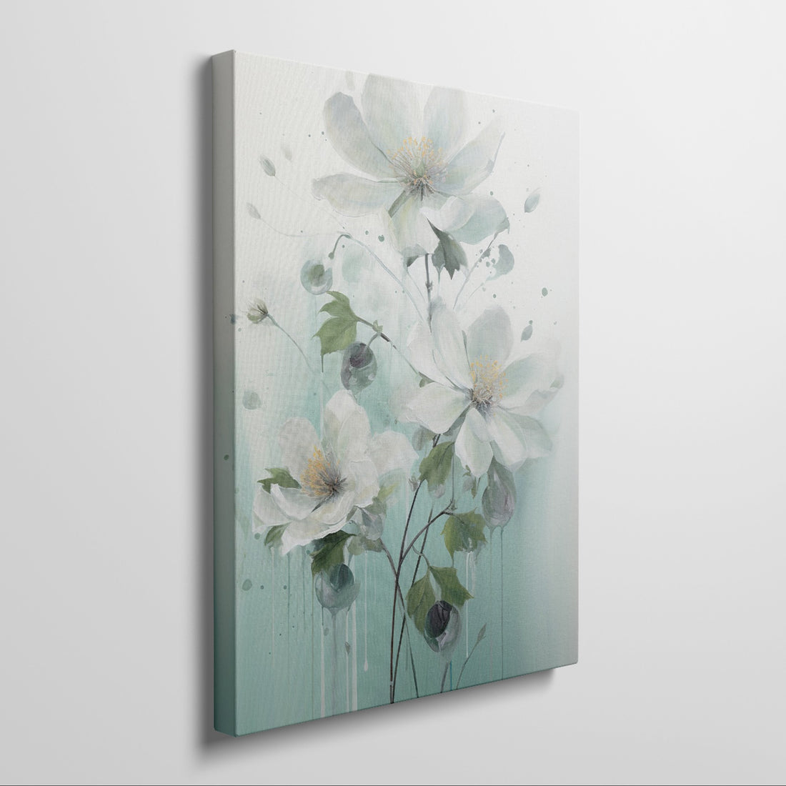 Framed canvas print of hand-painted style white flowers on a pastel background