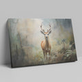 Framed canvas print of a majestic stag in a misty forest setting