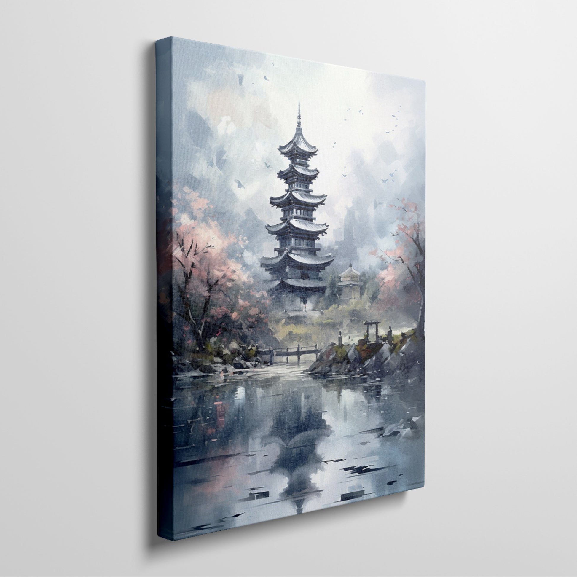 Framed canvas print of an impressionist painting showing a pagoda and cherry blossoms with reflections in water