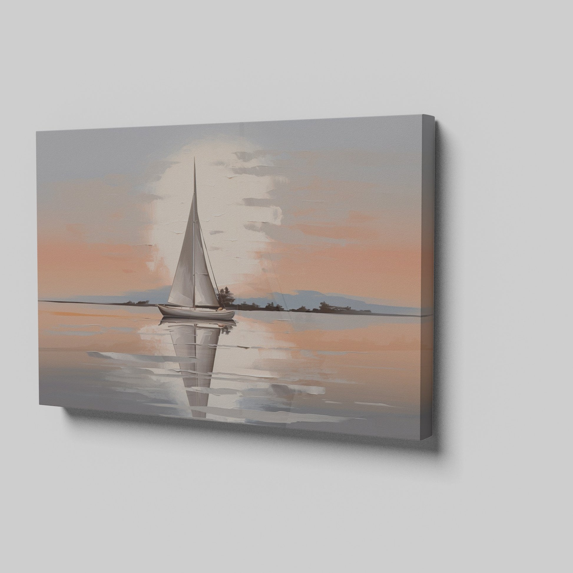 Framed canvas print of a sailboat at sunset with reflections on tranquil waters