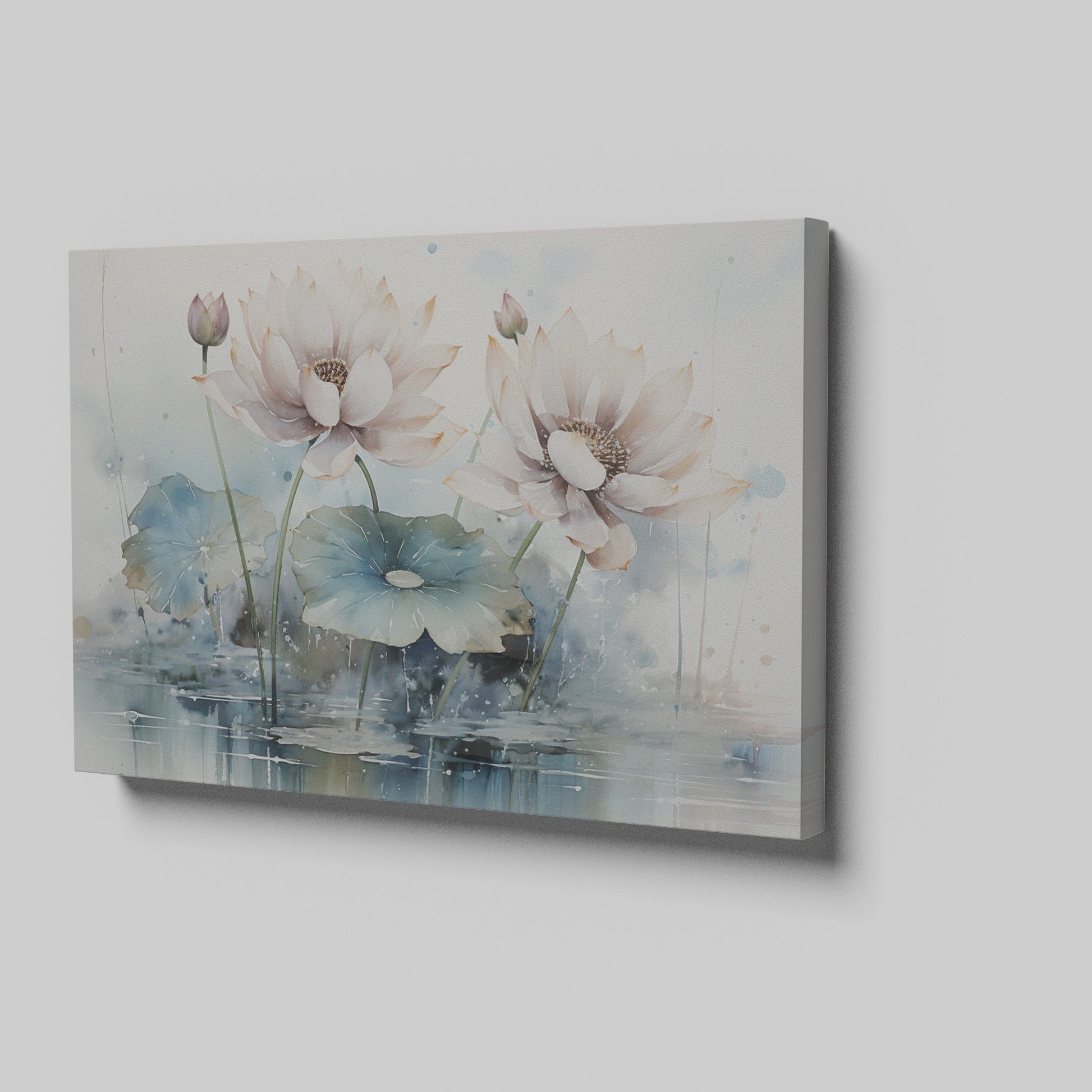 Framed canvas print of watercolour lotus flowers with pastel pink and blue tones