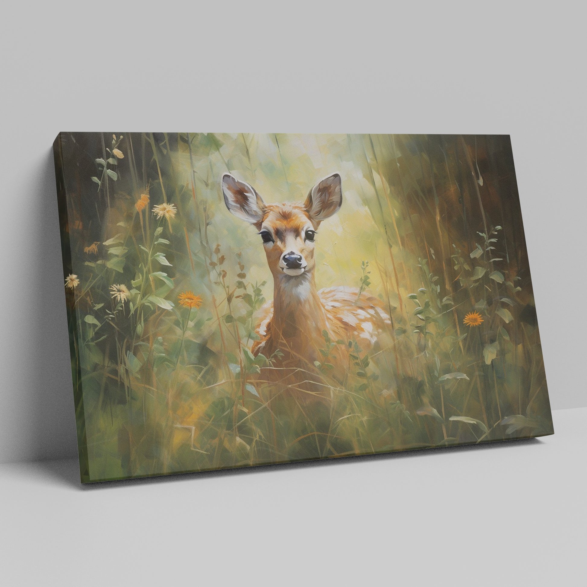 Framed canvas print of a gentle fawn in a sunlit meadow with vibrant wildflowers