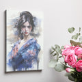 Framed canvas print of a watercolor painting depicting an elegant Geisha in a floral kimono