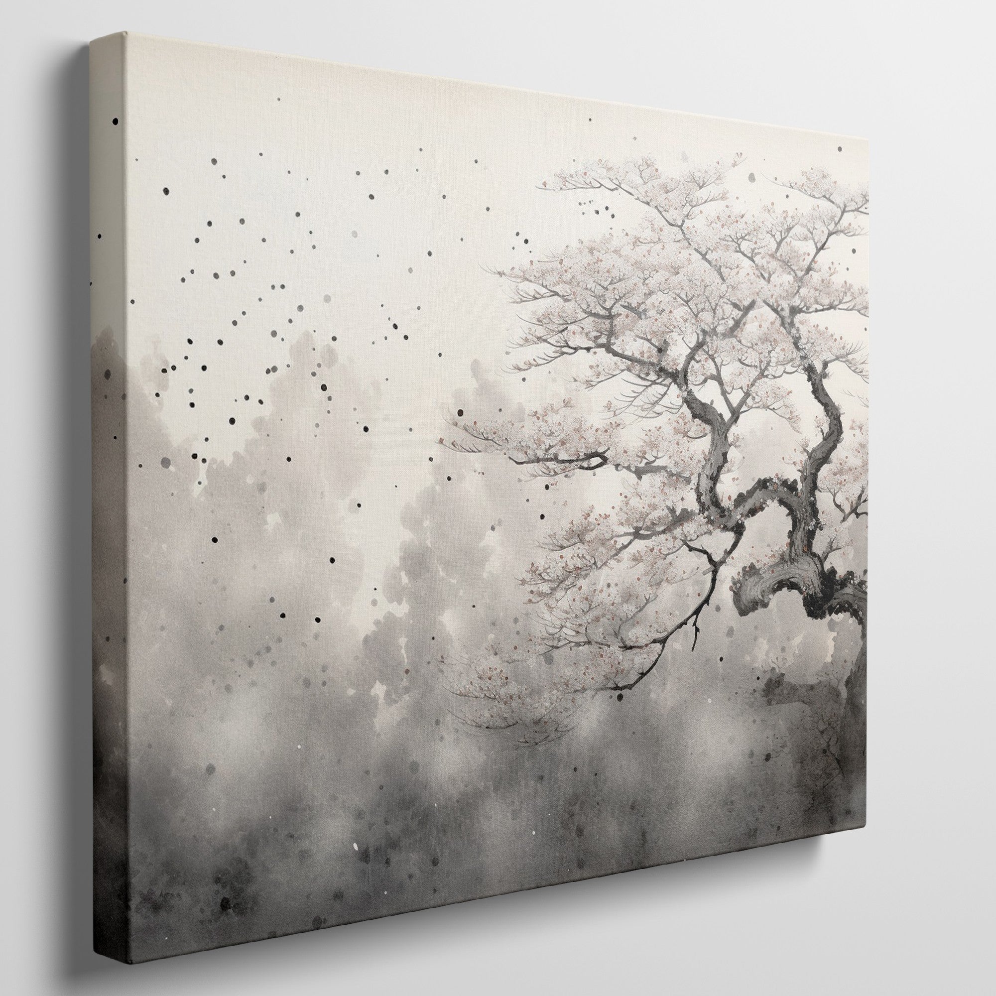 Framed canvas print of cherry blossom tree with ink wash effect