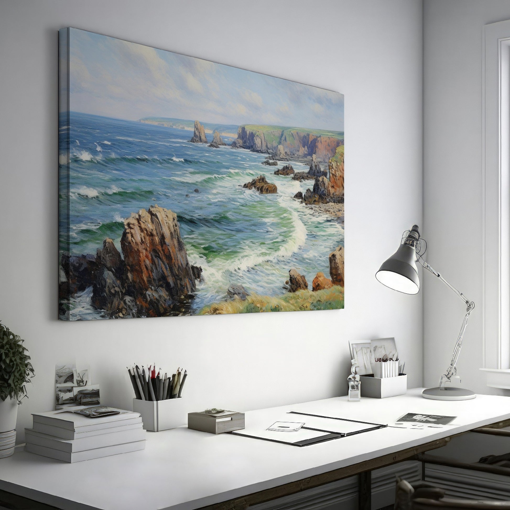 Framed canvas print of a serene seascape with ocean waves, cliffs, and blue skies