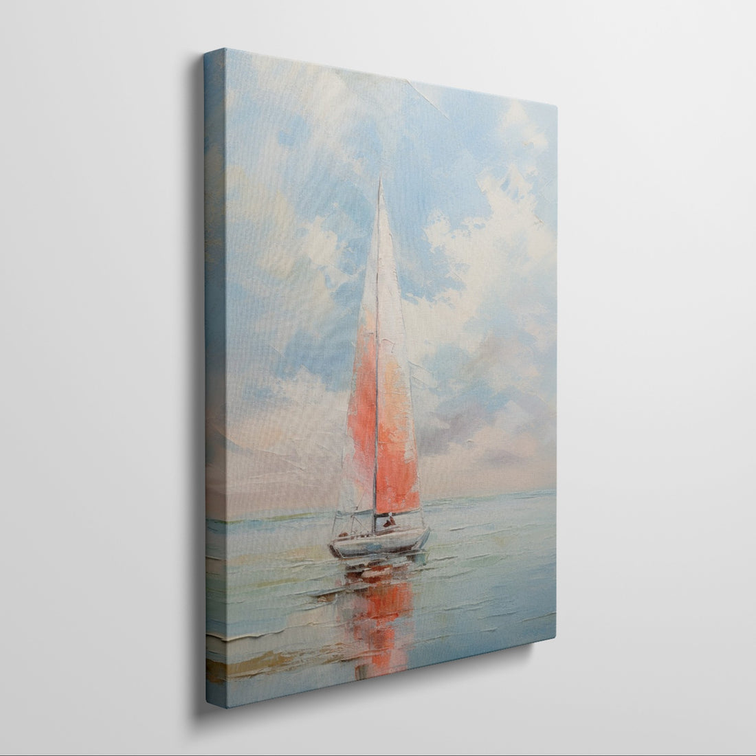 Framed canvas print of a vibrant sailboat against a pastel sunset sky reflected on tranquil ocean waters