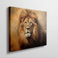 Framed canvas print of a majestic lion portrait with a warm golden colour scheme