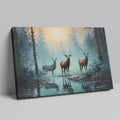 Framed canvas print of deer in a forest at sunrise with reflections in water, blue and orange tones