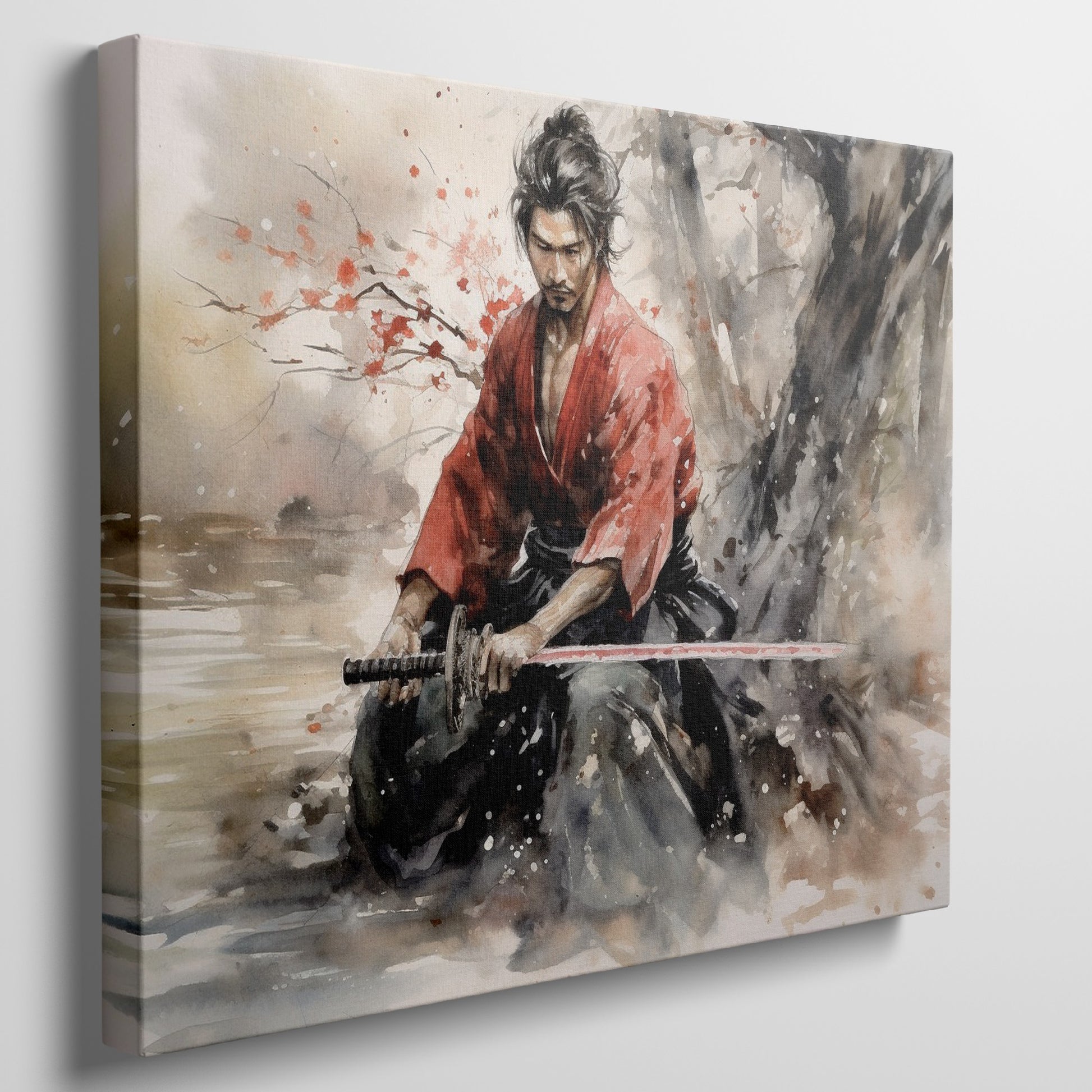 Framed canvas print of a Samurai warrior in red kimono with sword