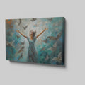 Framed canvas print of a woman joyfully embracing surrounded by impressionist styled birds