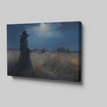 Framed canvas print of a woman in a twilight field under a glowing moon