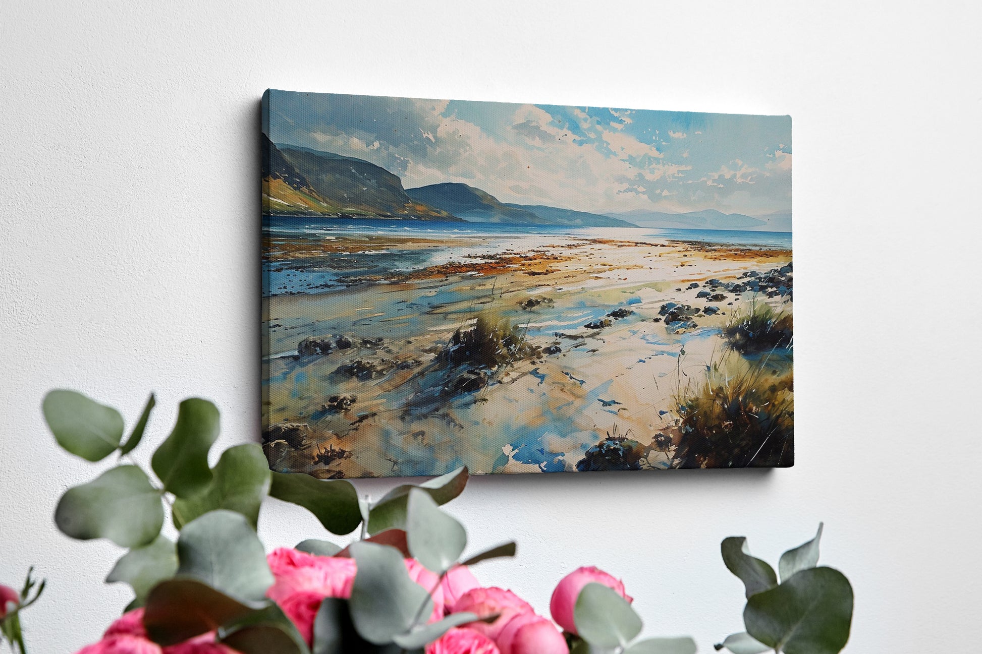 Framed canvas print of a serene watercolor painting depicting a scenic seaside landscape with vibrant blues and earthy tones