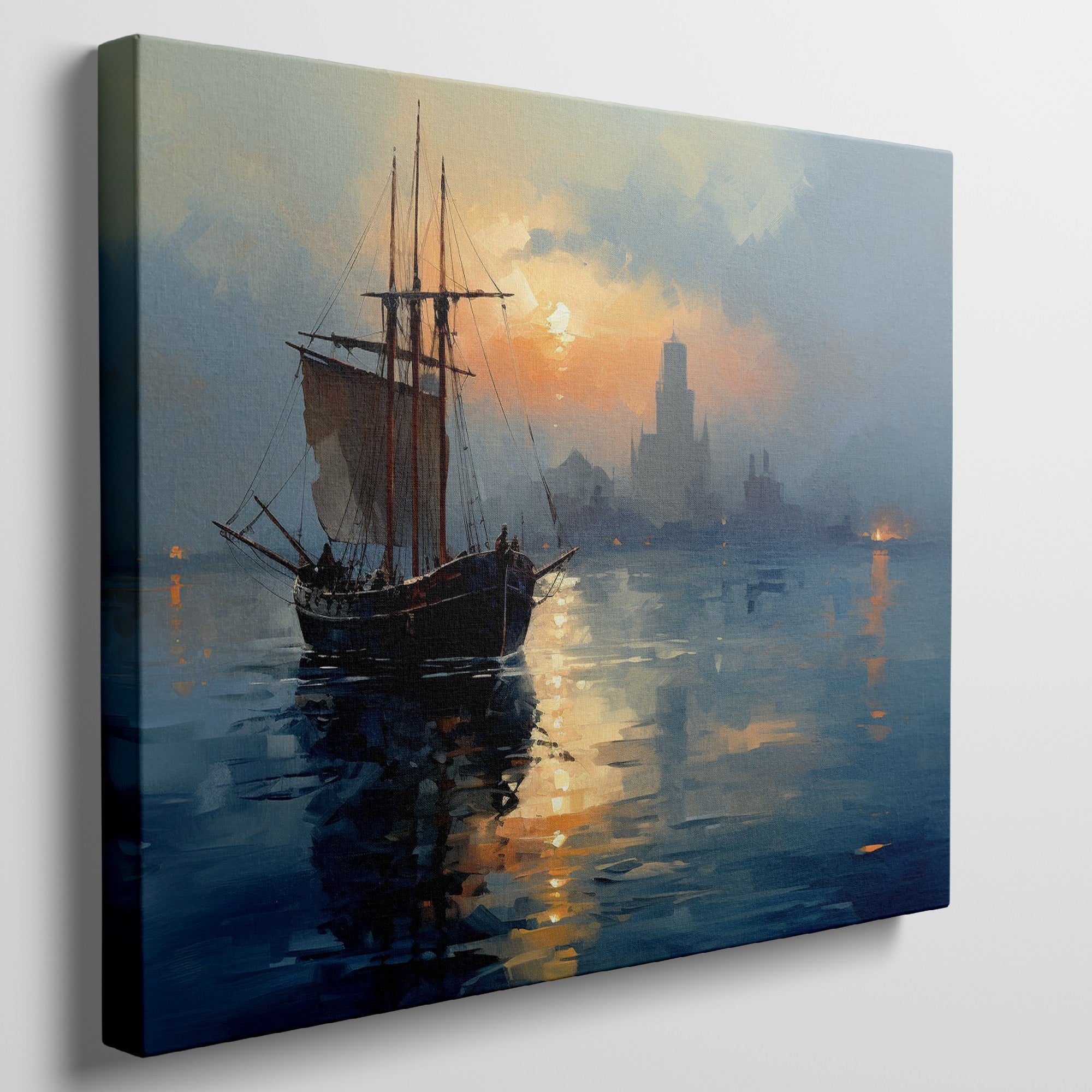 Impressionist Canvas Print of a Sailing Ship at Sunset with Golden and Blue Hues