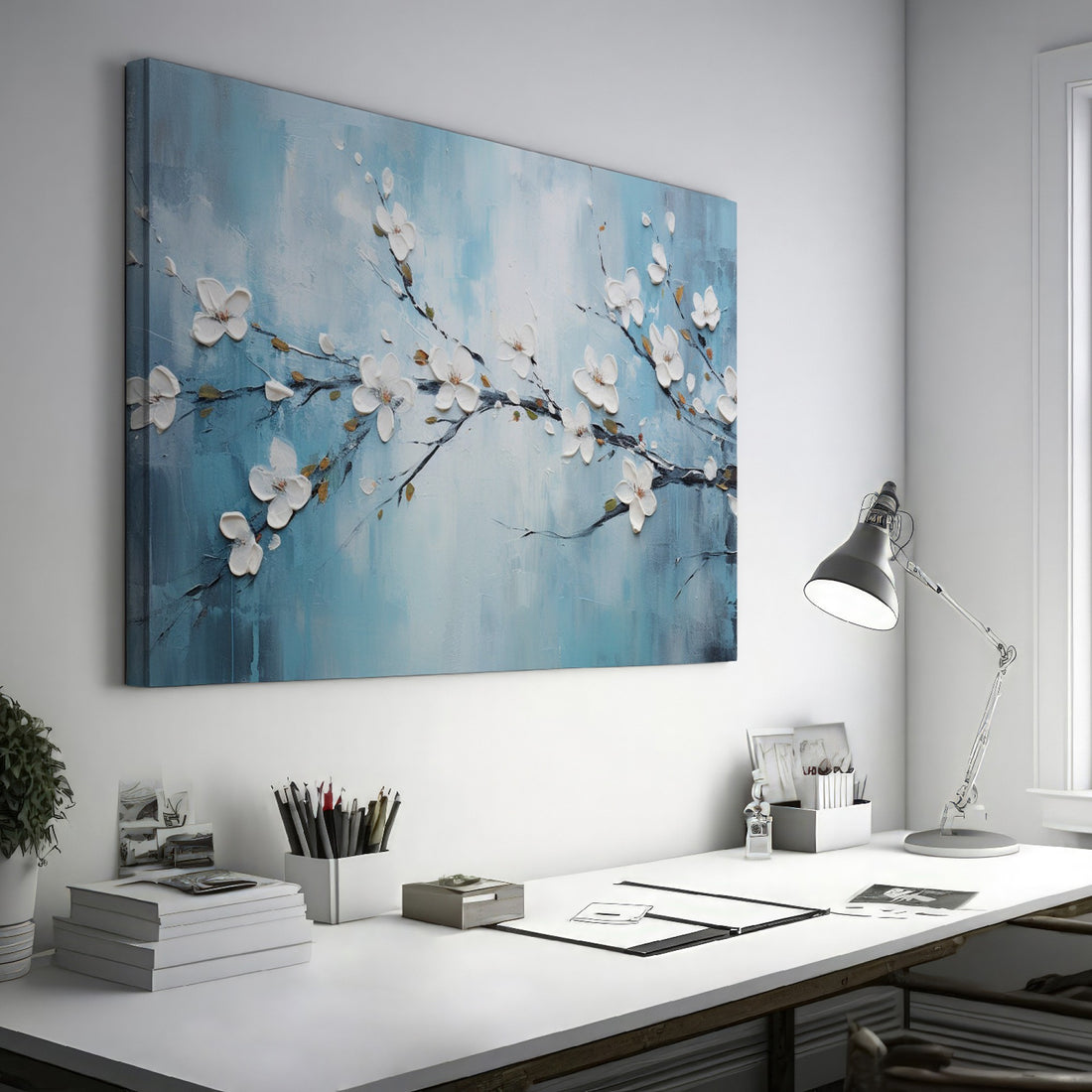 Framed canvas print of serene cherry blossoms with impasto texture on blue background