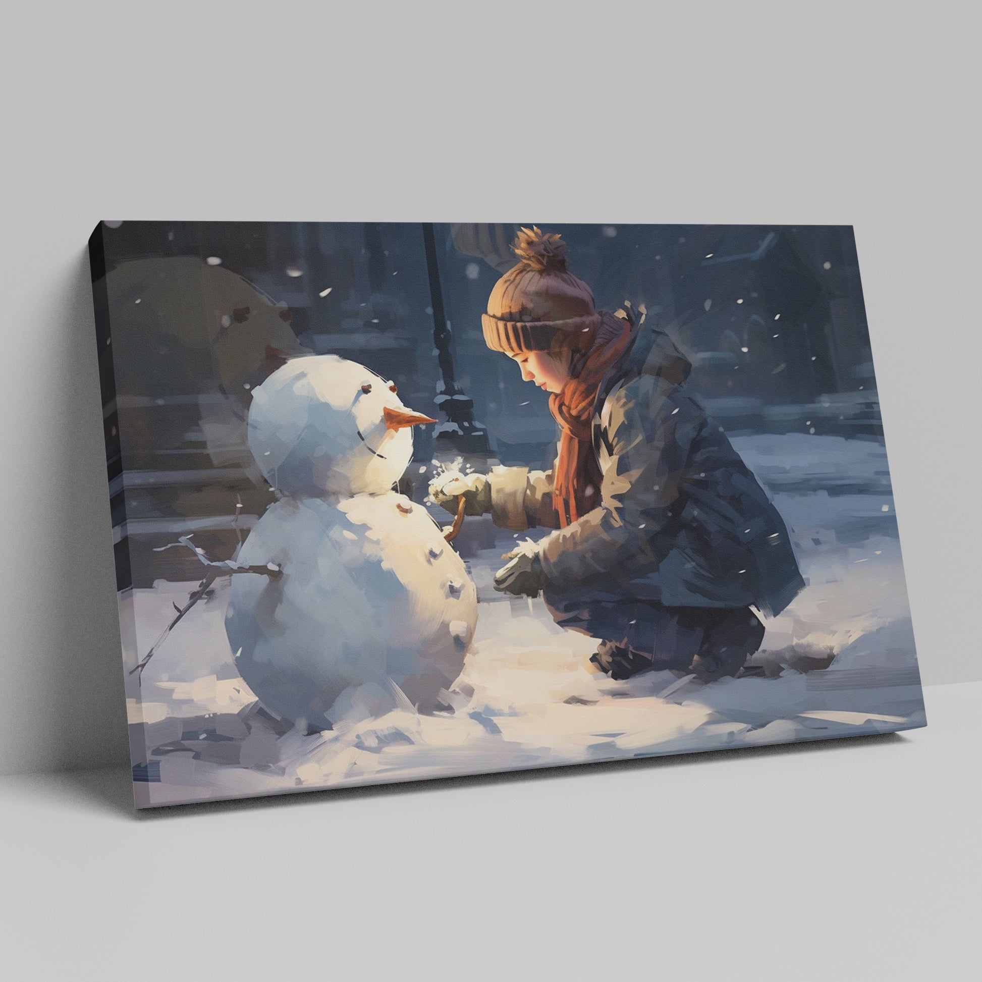 Framed canvas print of a child building a snowman on a snowy city evening