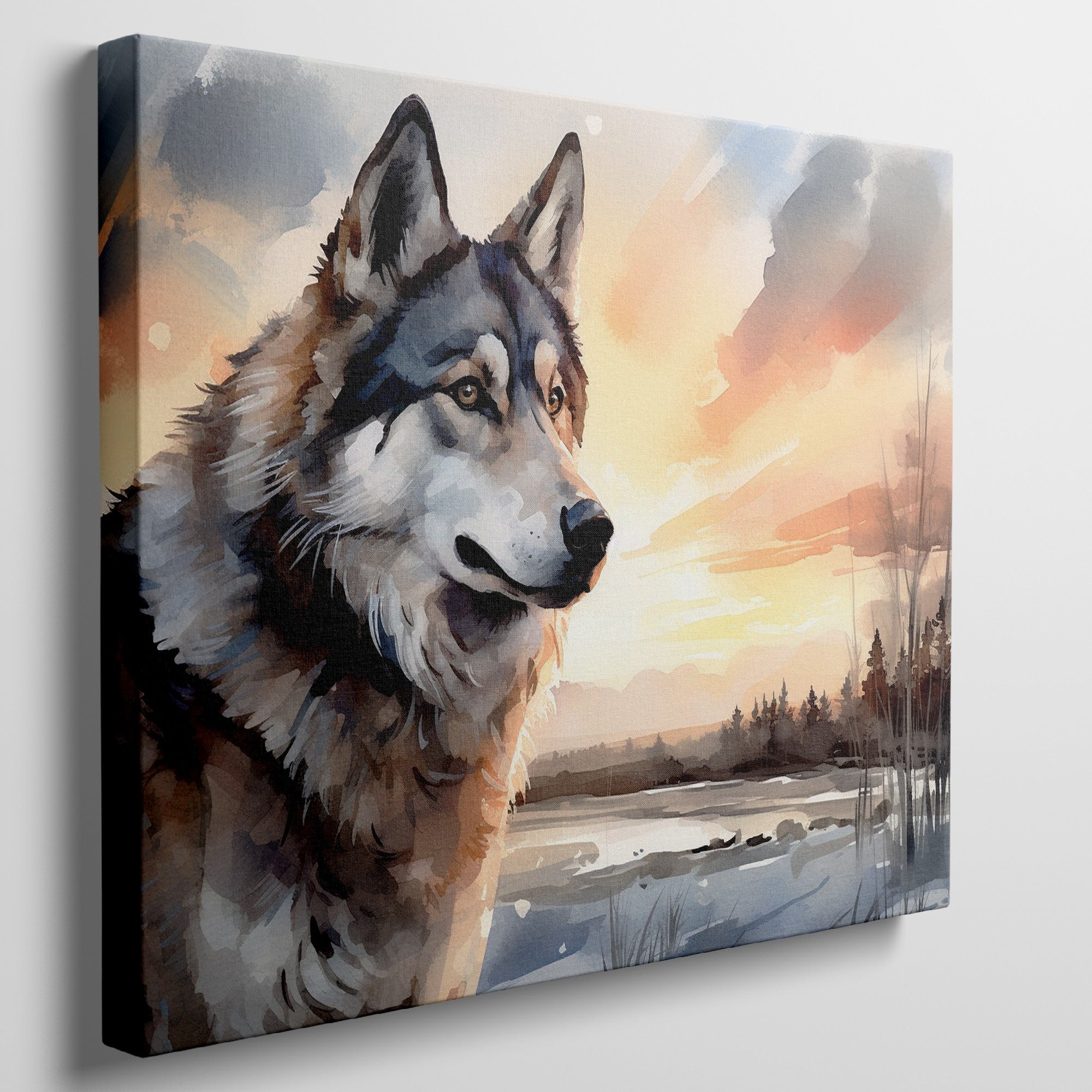 Framed canvas print of a majestic wolf in a sunset landscape with vibrant colours