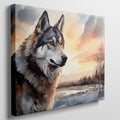 Framed canvas print of a majestic wolf in a sunset landscape with vibrant colours