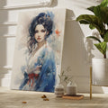 Artistic watercolour portrait of a young woman in traditional attire with abstract elements