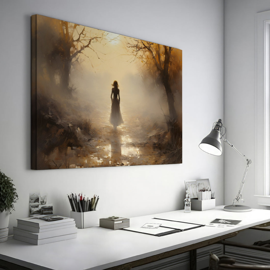 Framed canvas print of a mystical autumnal pathway with a silhouette of a woman walking, surrounded by golden trees and a soft fog.