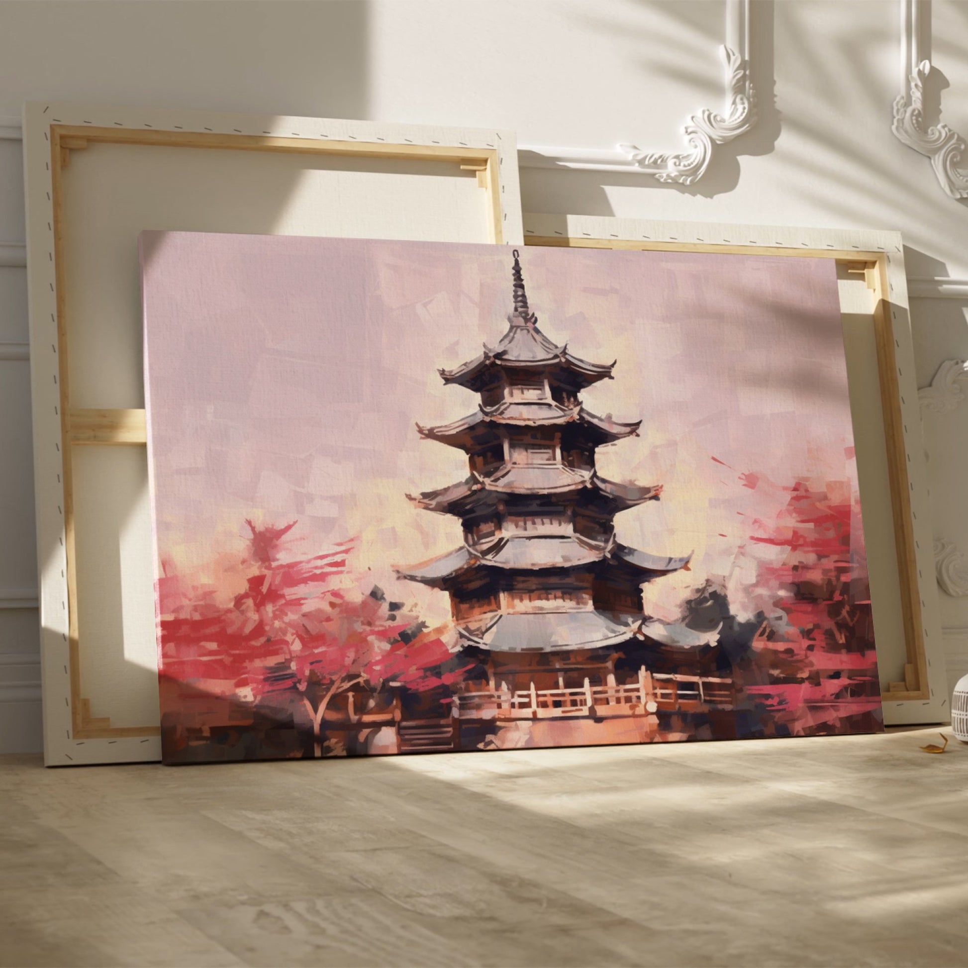 Framed canvas print of a tranquil pagoda with cherry blossoms in soft pastel hues