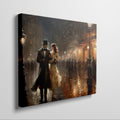 Framed canvas print of a Victorian couple on a romantic evening stroll on a rainy Paris street with warm glowing lights