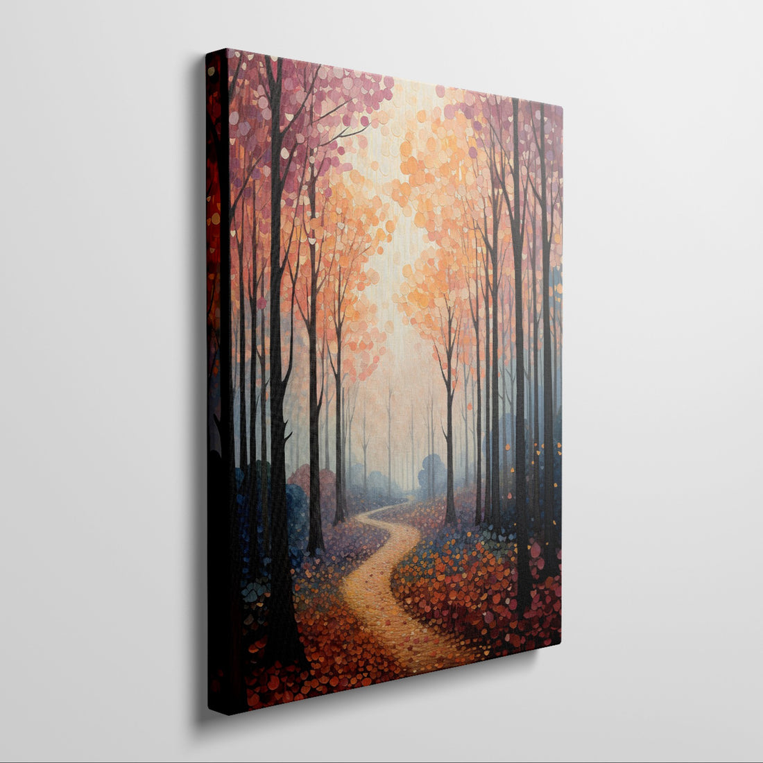 Framed canvas print of a stylised forest with colourful autumn foliage and a winding pathway