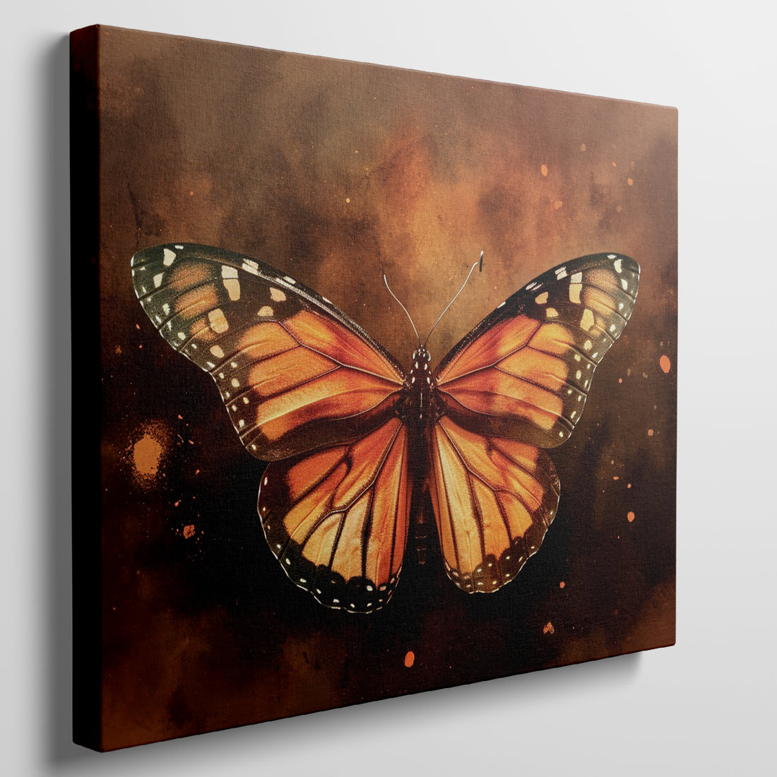 Canvas print of a Monarch butterfly with vibrant orange and black wings on an amber background